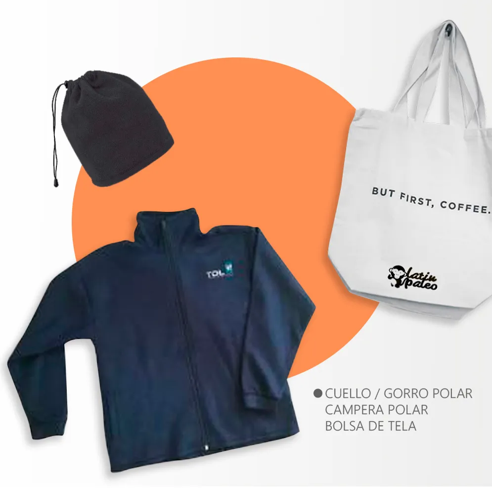 Bolsa de tela, gorro polar y campera personalizados con logo.