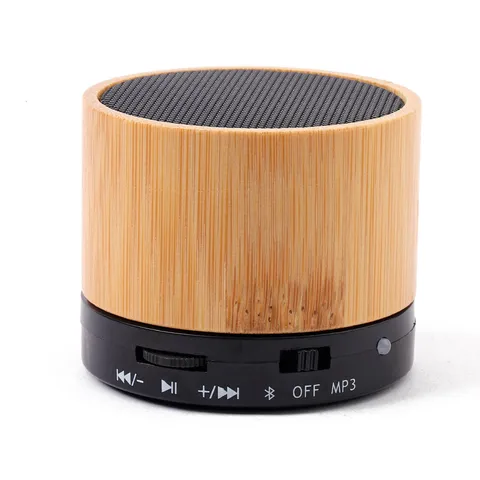 parlante bluetooth de bambu con plastico negro