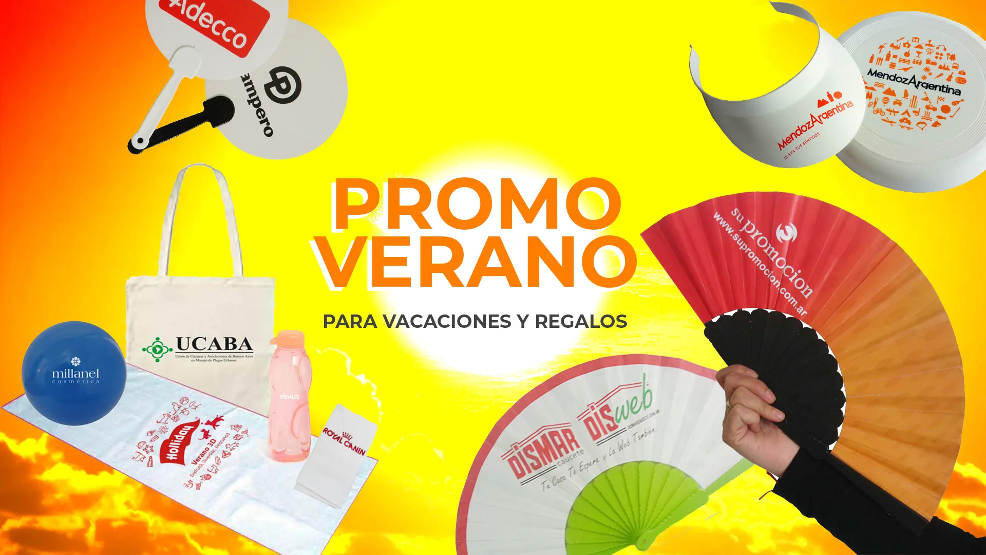 Promo verano para vacaciones y regalos: abanicos, viseras, frisbees, lonas, pelotas y bolsos personalizados.